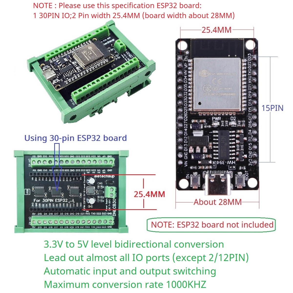 ESP32 30P DIN Rail Adapter, 3. - Level Shifter 3.3V review and price